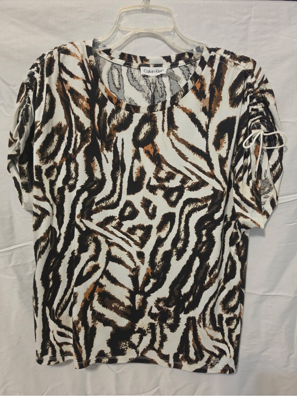 NWT Calvin Klein White, Black & Brown Animal Print Short Sleeve Top